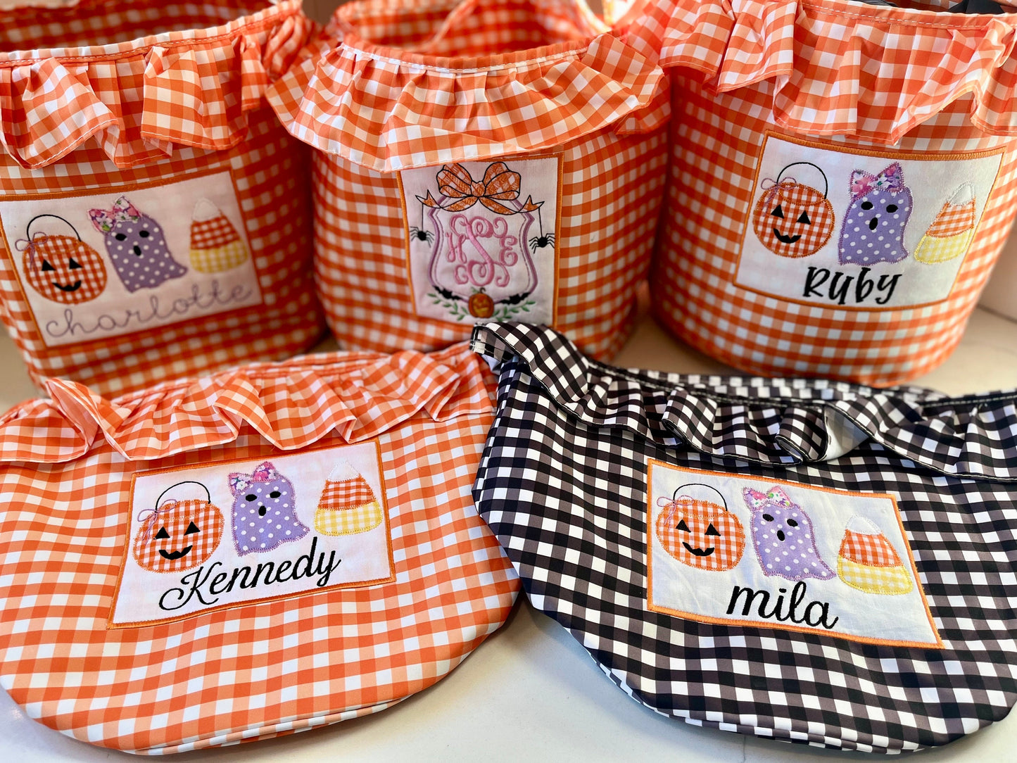 Personalized Halloween Bucket, Monogrammed Ruffle Halloween Bucket, Embroidered Ruffle Halloween Bucket, Personalized Trick or Treat Bucket