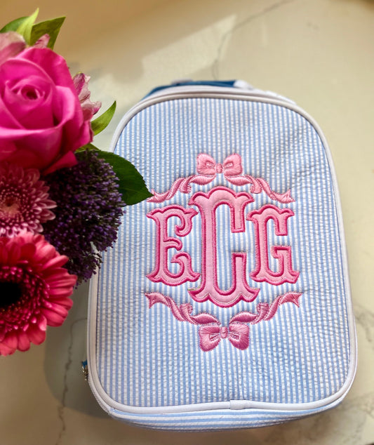 Monogrammed Seersucker Lunch Box, Personalized Child's Lunch Box, Embroidered School Lunch Box, Applique Insulated Lunch Bag, Seersucker Bag