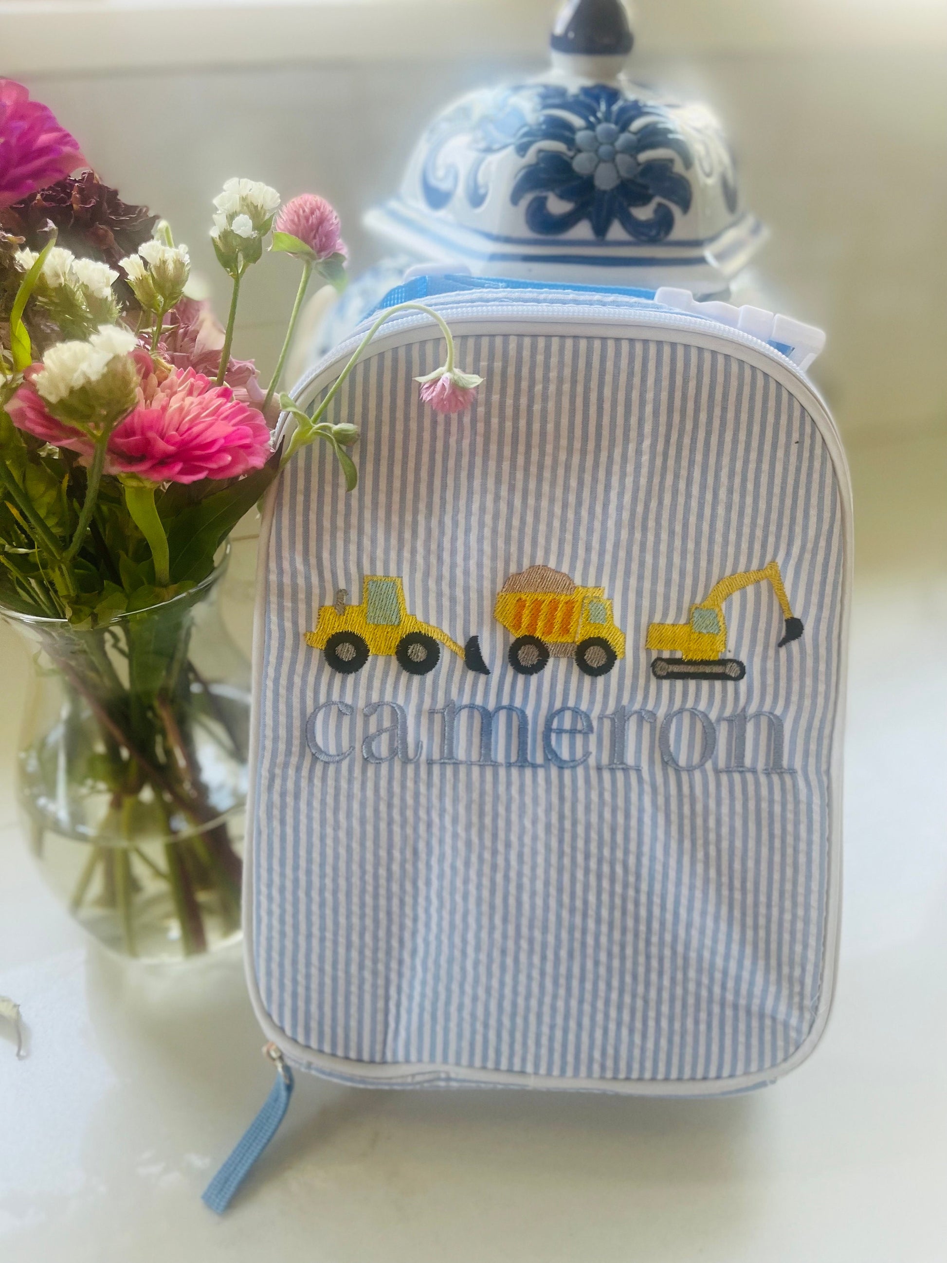 Monogrammed Seersucker Lunch Box, Personalized Child's Lunch Box, Embroidered School Lunch Box, Applique Insulated Lunch Bag, Seersucker Bag