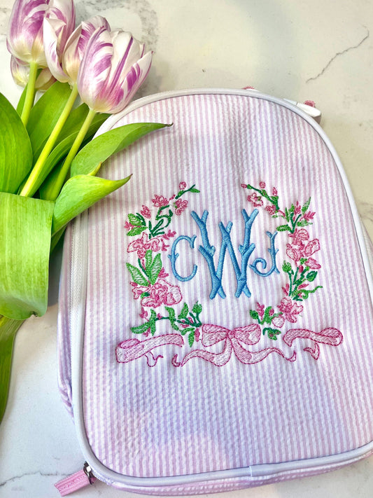 Monogrammed Seersucker Lunch Box: Personalized Embroidered Insulated Bag