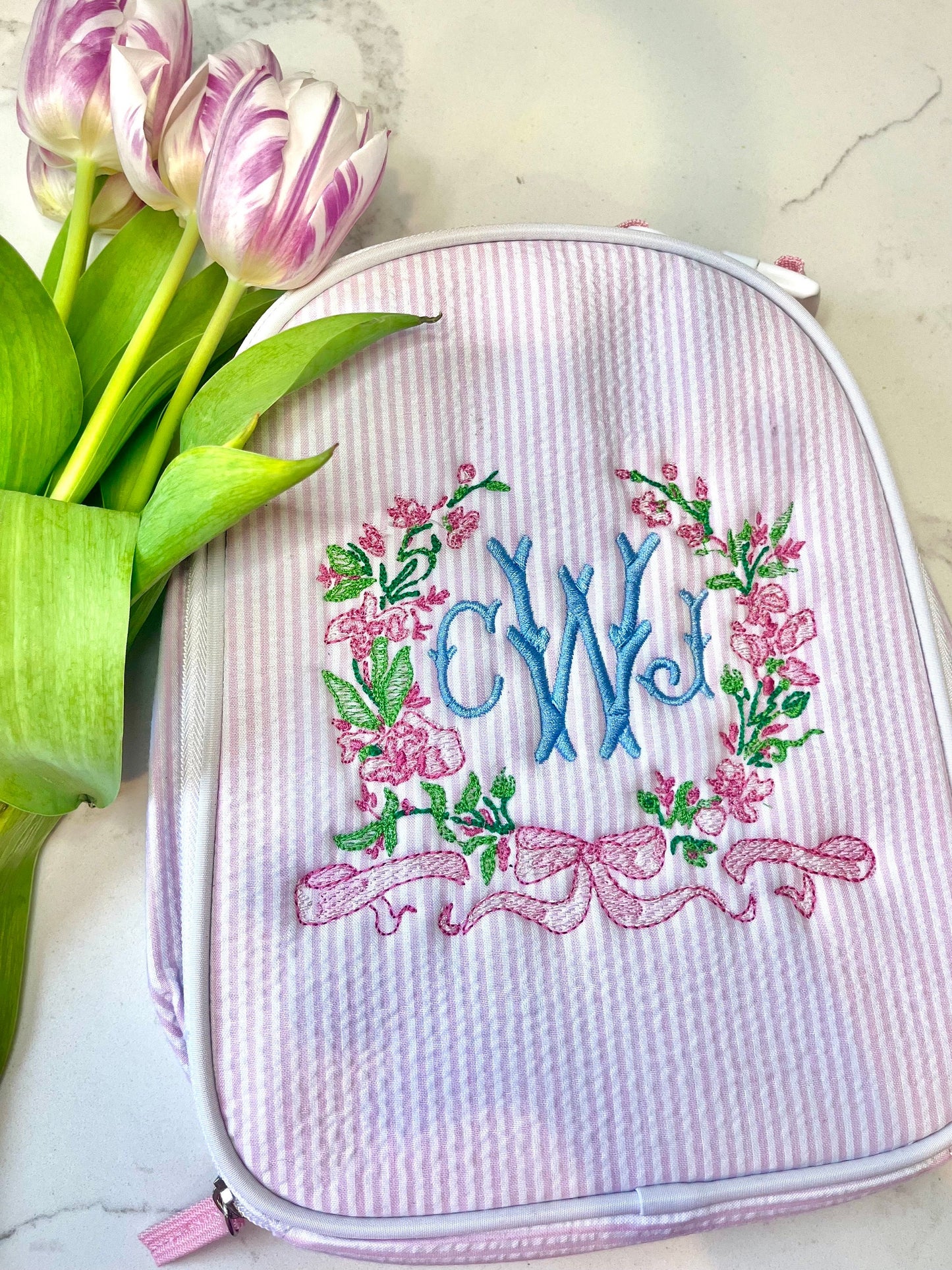 Monogrammed Seersucker Lunch Box, Personalized Child's Lunch Box, Embroidered School Lunch Box, Applique Insulated Lunch Bag, Seersucker Bag