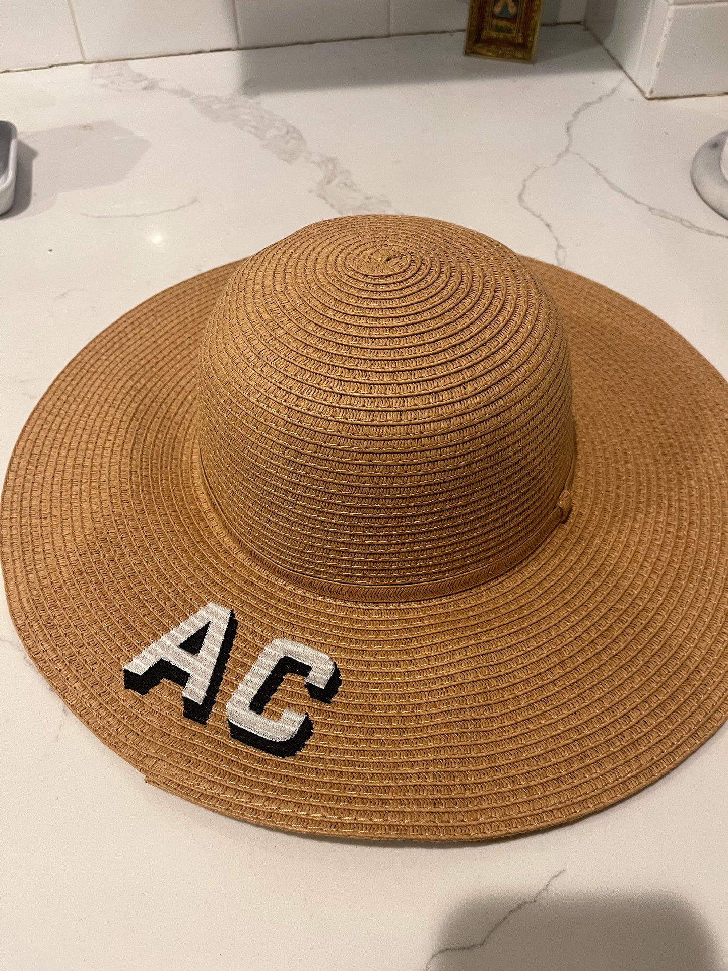 Monogram Straw Round Sunhat, Personalized Beach Hat, Embroidered Straw Hat, Two Initial Shadow Monogram Hat, Bachelorette Gift, Teacher Gift