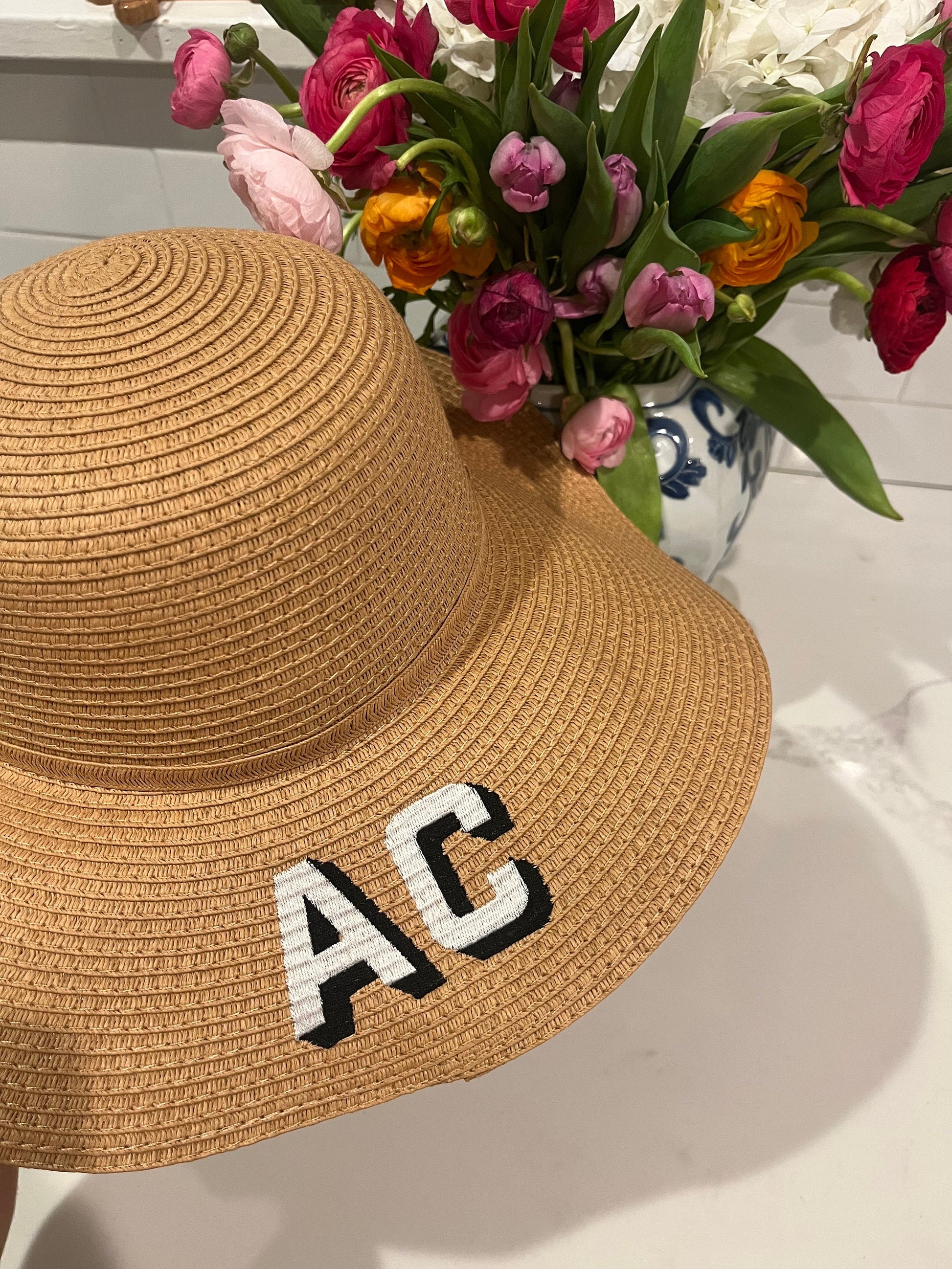 Monogram Straw Round Sunhat, Personalized Beach Hat, Embroidered Straw Hat, Two Initial Shadow Monogram Hat, Bachelorette Gift, Teacher Gift