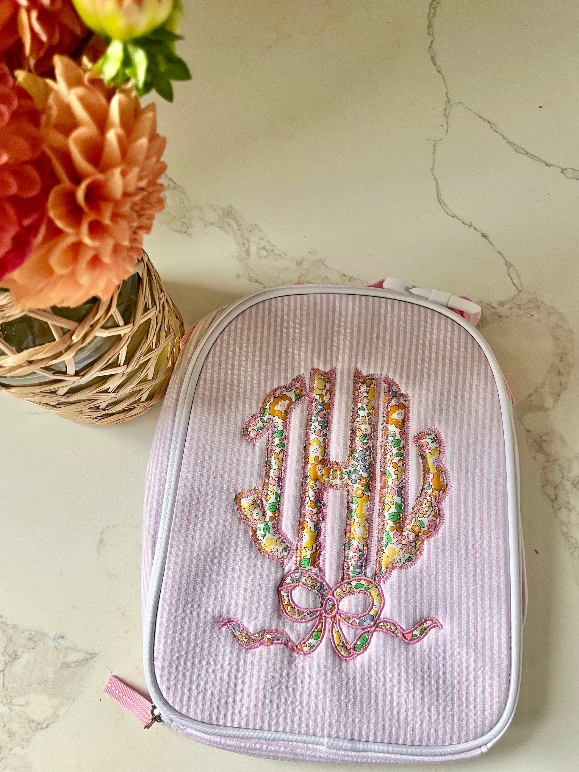 Monogrammed Seersucker Lunch Box, Personalized Child's Lunch Box, Embroidered School Lunch Box, Applique Insulated Lunch Bag, Seersucker Bag