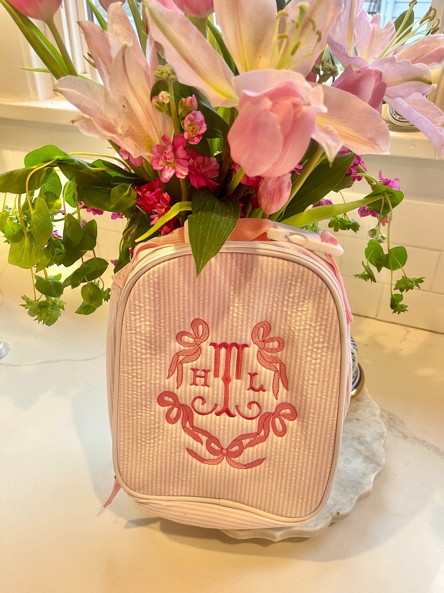 Monogrammed Seersucker Lunch Box, Personalized Child's Lunch Box, Embroidered School Lunch Box, Applique Insulated Lunch Bag, Seersucker Bag