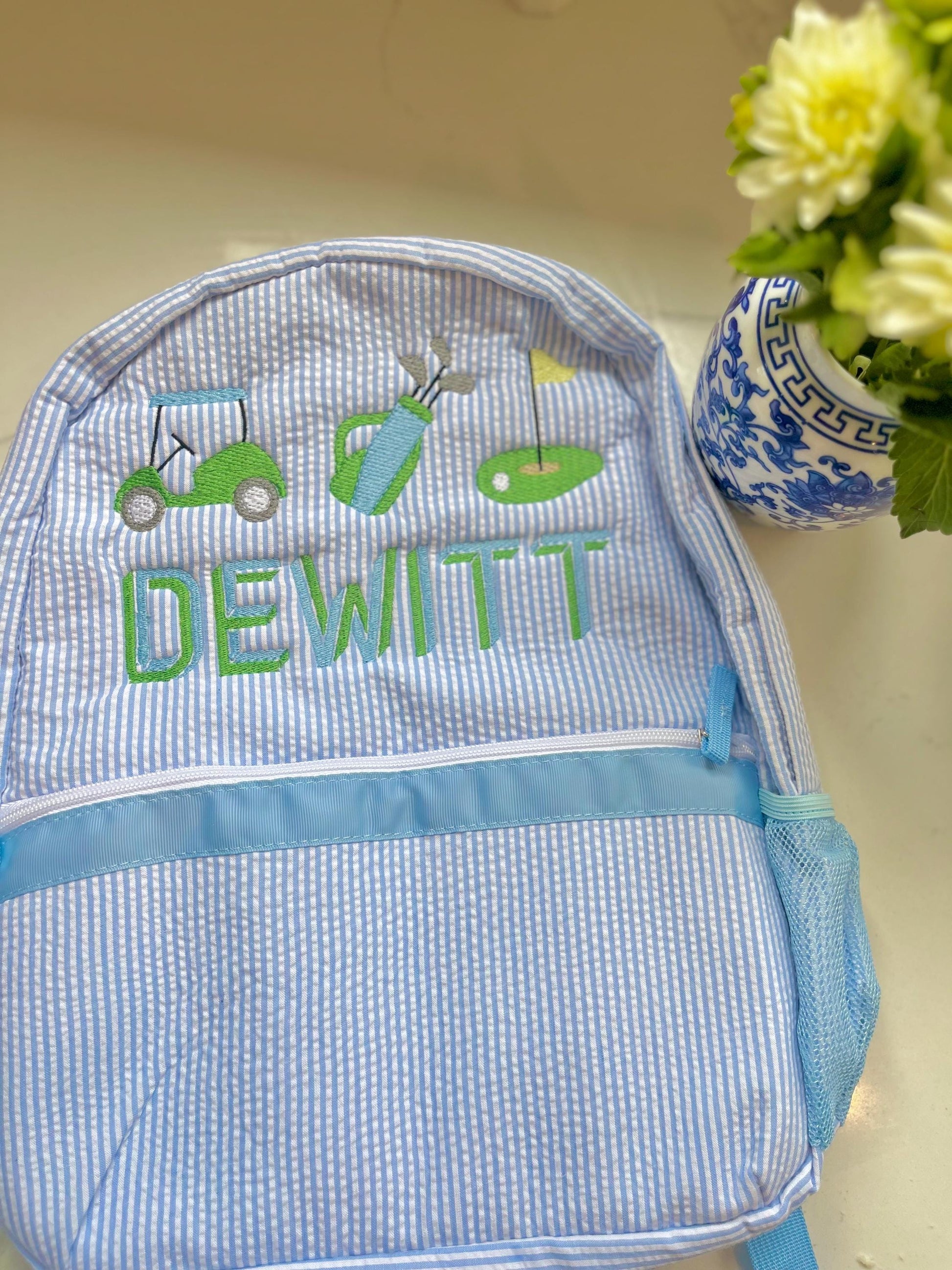 Monogrammed Seersucker Backpack, Personalized Child's Backpack, Embroidered School Backpack, Boy’s Monogrammed Backpack, Child Backpack