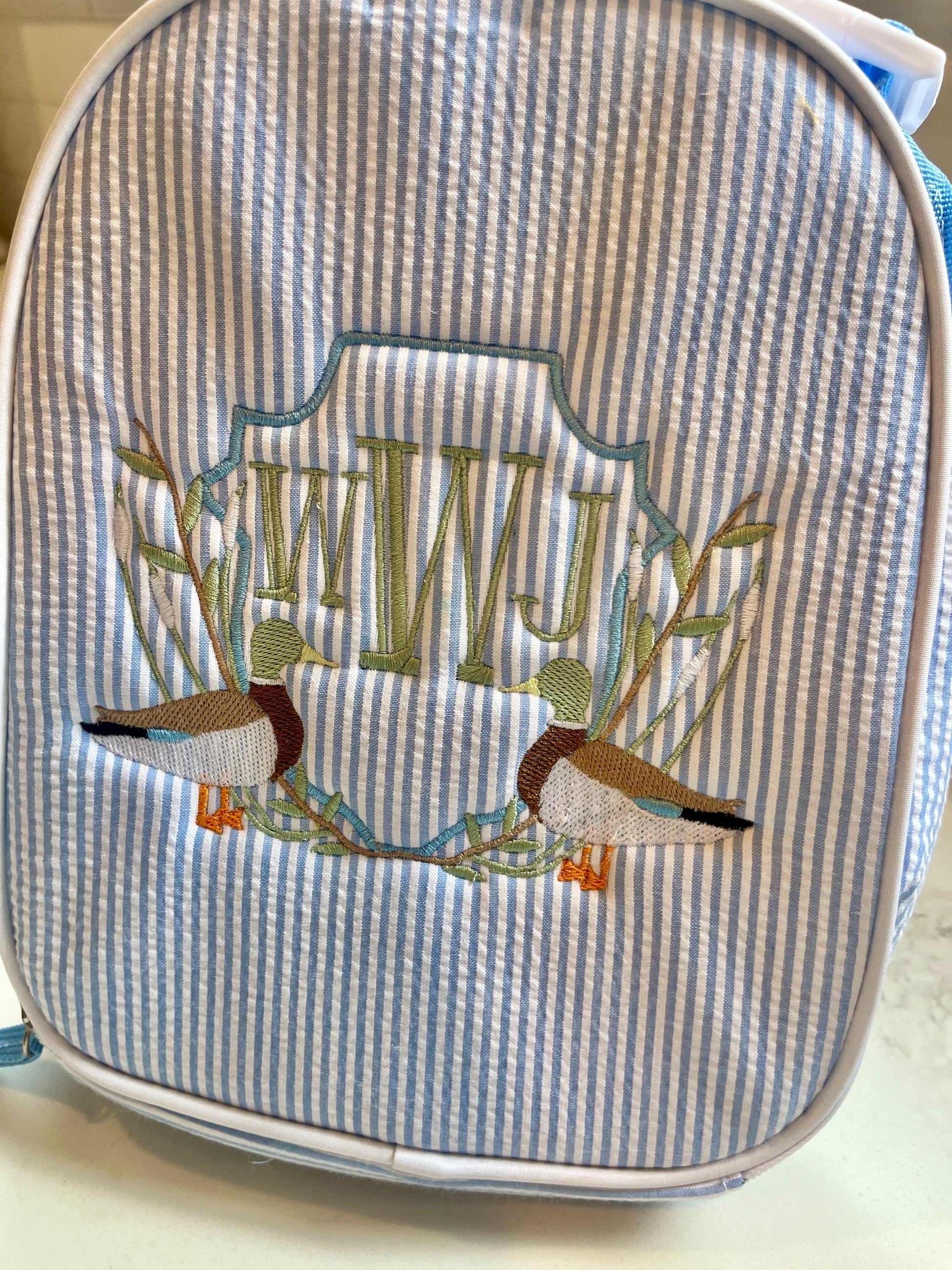 Monogrammed Seersucker Lunch Box, Personalized Child's Lunch Box, Embroidered School Lunch Box, Applique Insulated Lunch Bag, Seersucker Bag