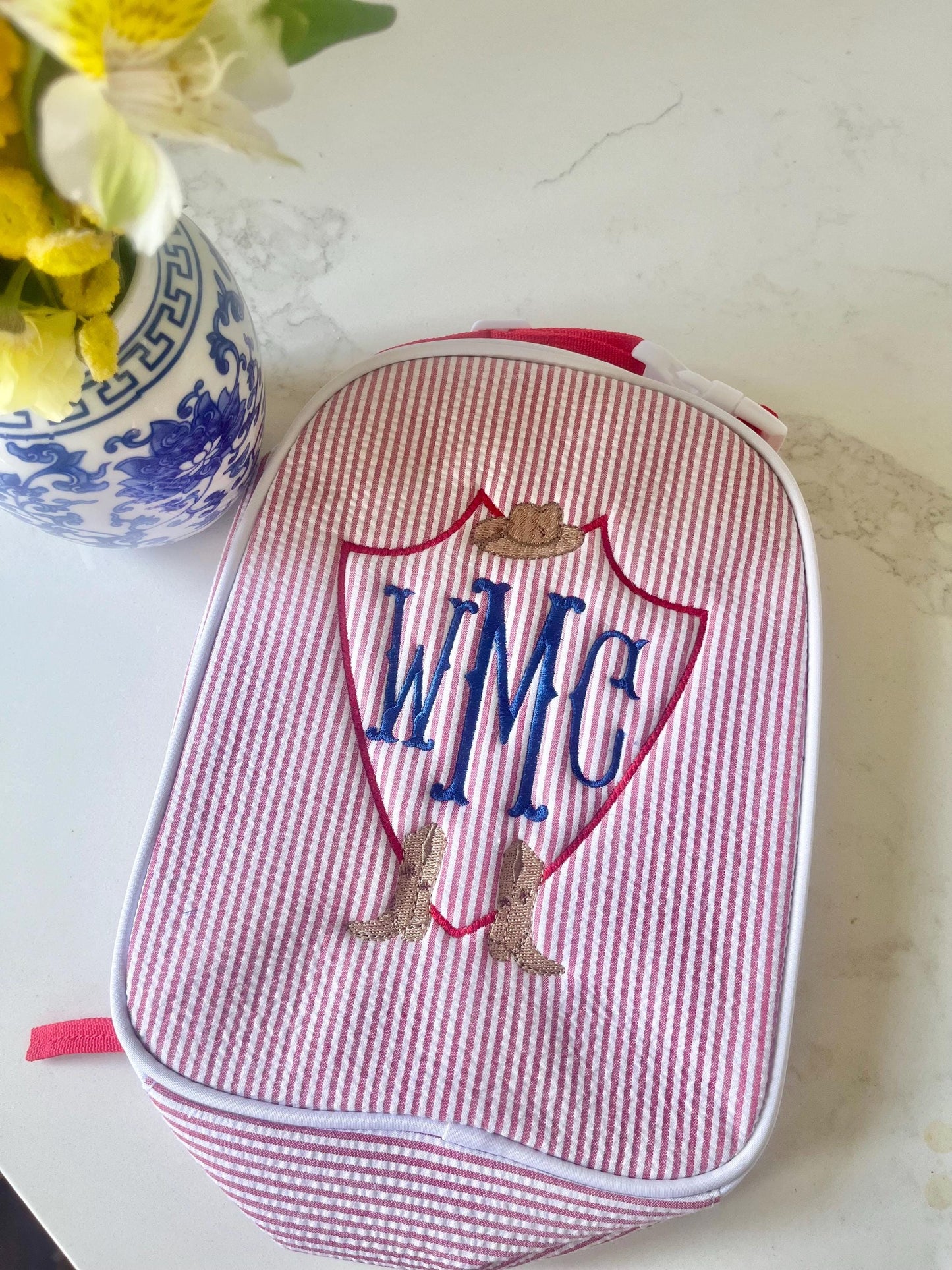 Monogrammed Seersucker Lunch Box, Personalized Child's Lunch Box, Embroidered School Lunch Box, Applique Insulated Lunch Bag, Seersucker Bag
