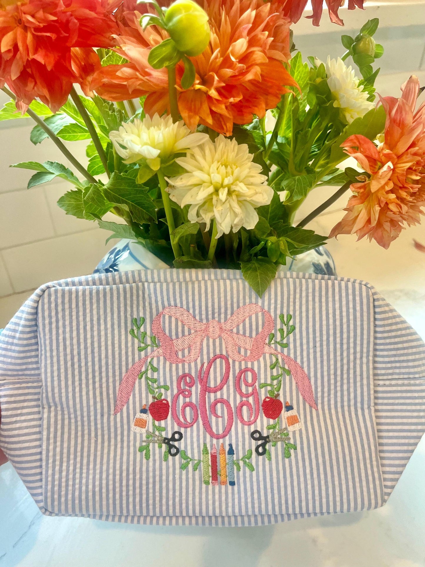 Personalized Monogrammed Seersucker Pencil Case, Shadow Monogram Pencil Box, Children's Embroidered Everything Bag, Back to School