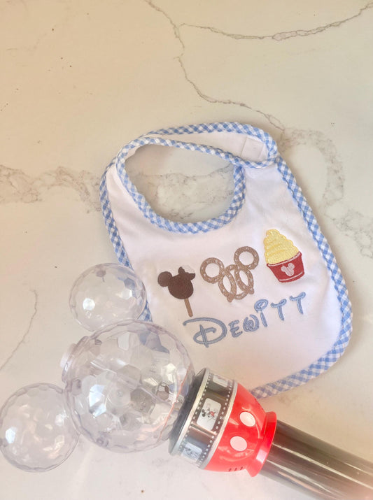 Disney Snack Baby Bib, Dole Whip Bib, Mouse Ice Cream Bib, Personalized Baby Gift, Theme Park Baby Bib, Mickey Pretzel Bib, Vacation Outfit