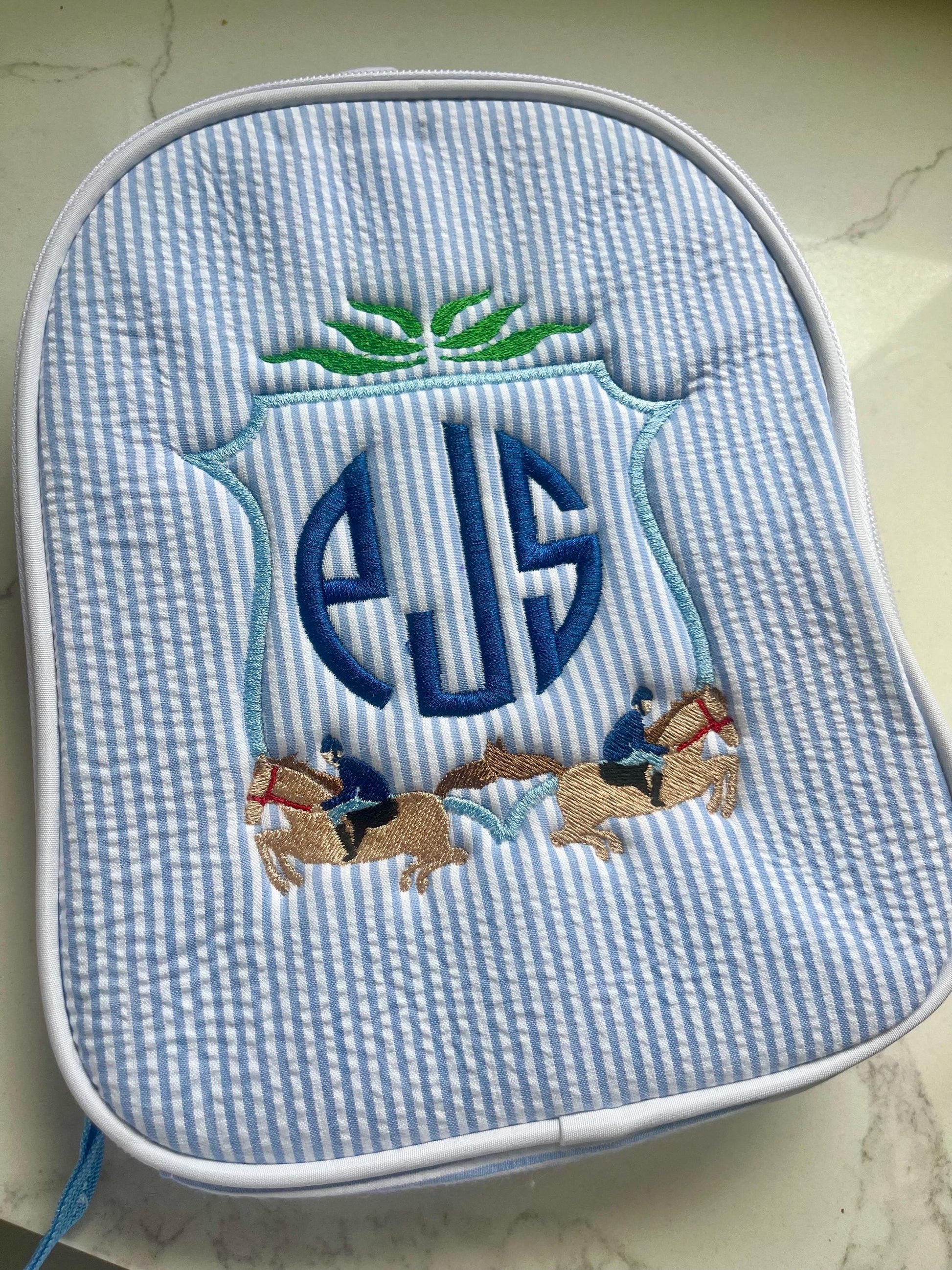 Monogrammed Seersucker Lunch Box, Personalized Child's Lunch Box, Embroidered School Lunch Box, Applique Insulated Lunch Bag, Seersucker Bag