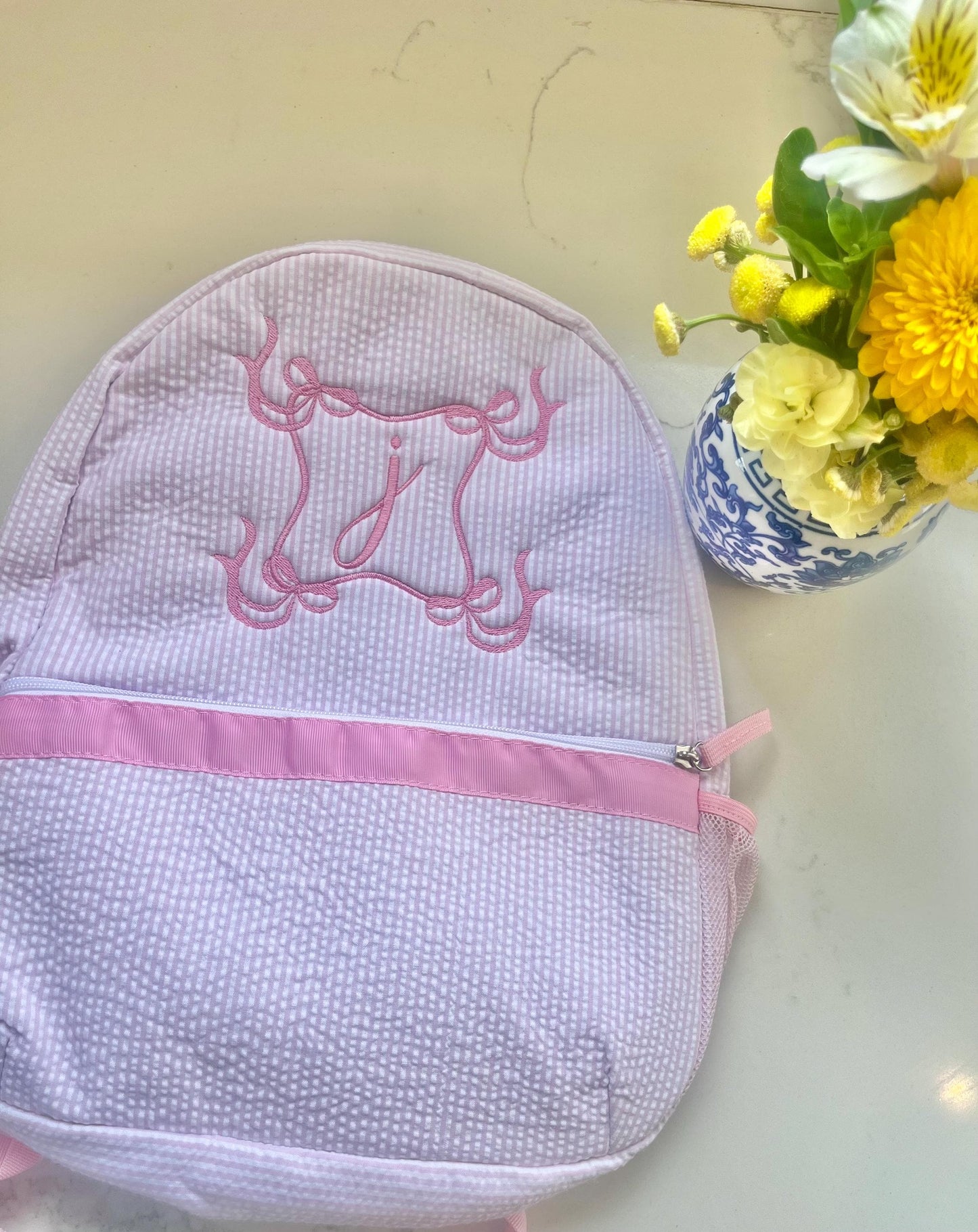 Monogrammed Seersucker Backpack, Personalized Child's Backpack, Embroidered School Backpack, Applique Monogrammed Backpack, Child Backpack