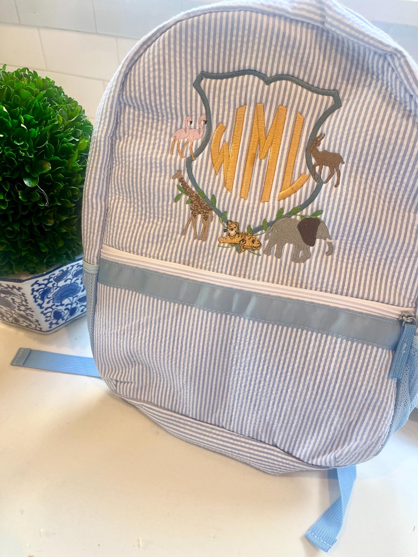 Monogrammed Seersucker Backpack, Personalized Child's Backpack, Embroidered School Backpack, Boy’s Monogrammed Backpack, Child Backpack