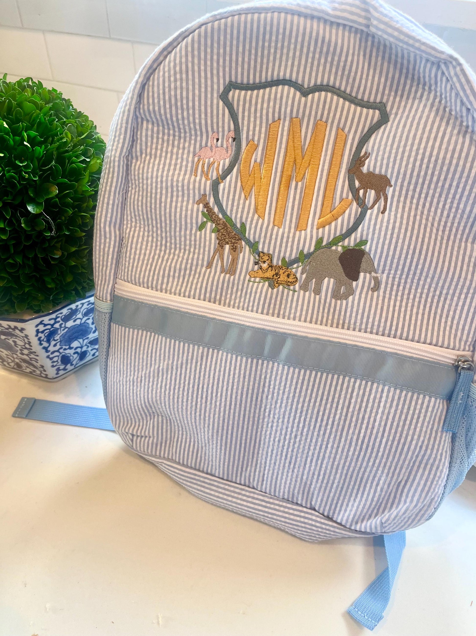 Monogrammed Seersucker Backpack, Personalized Child's Backpack, Embroidered School Backpack, Boy’s Monogrammed Backpack, Child Backpack