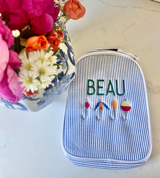 Monogrammed Seersucker Lunch Box, Personalized Child's Lunch Box, Embroidered School Lunch Box, Applique Insulated Lunch Bag, Seersucker Bag