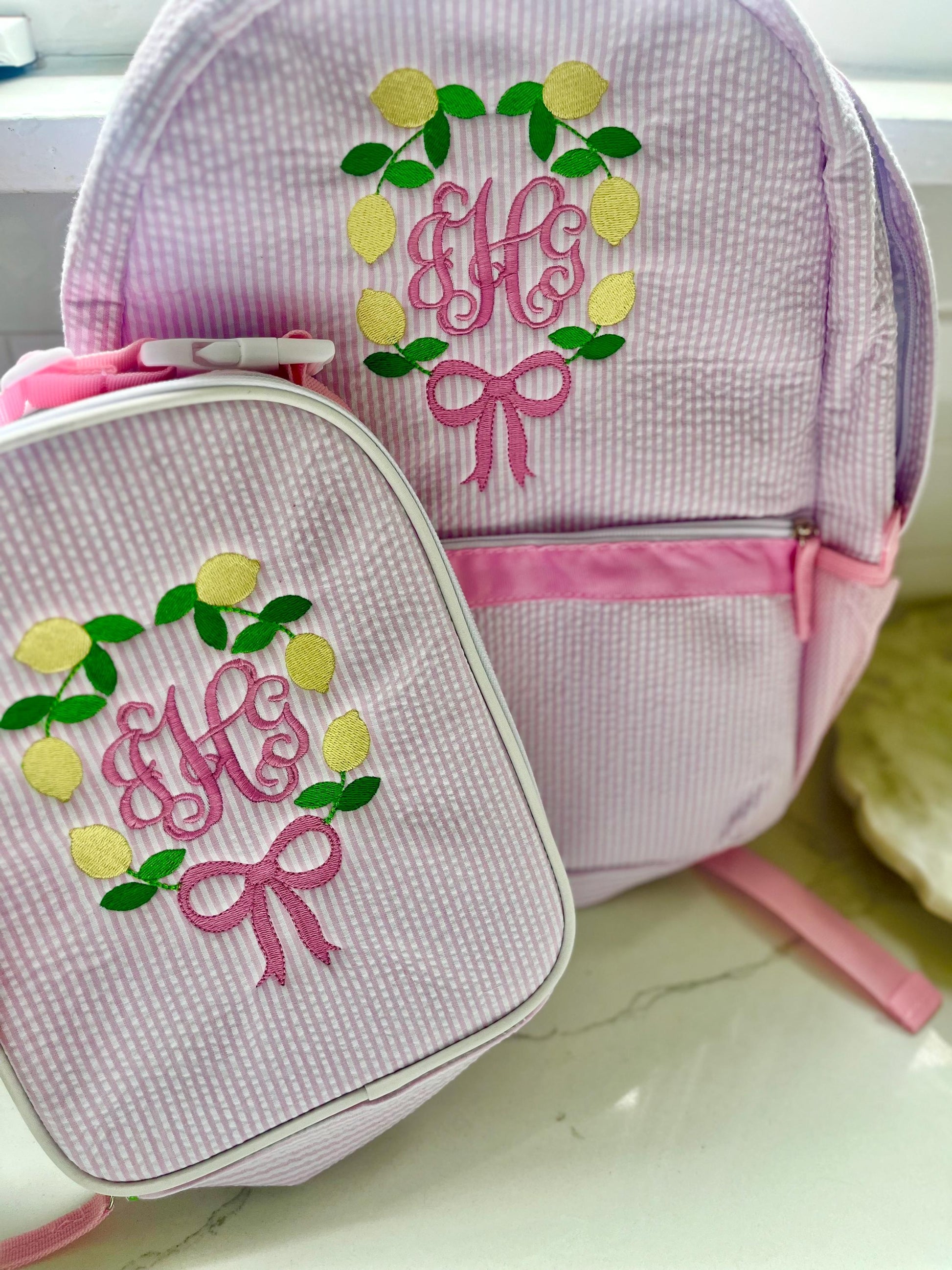 Monogrammed Seersucker Backpack, Personalized Child's Backpack, Embroidered School Backpack, Applique Monogrammed Backpack, Child Backpack