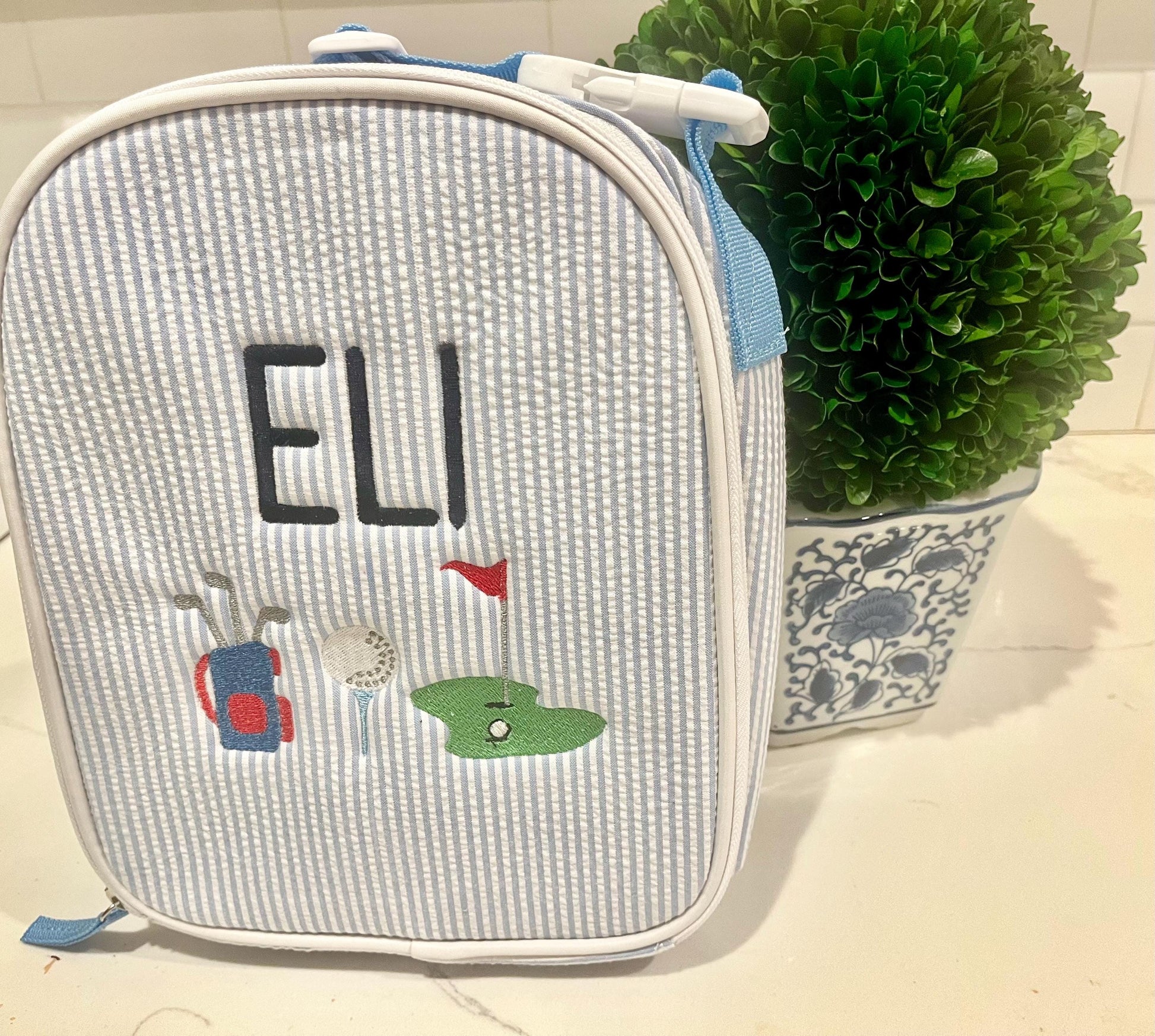 Monogrammed Seersucker Lunch Box, Personalized Child's Lunch Box, Embroidered School Lunch Box, Applique Insulated Lunch Bag, Seersucker Bag