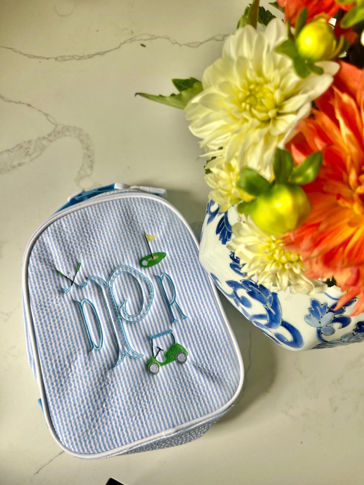 Monogrammed Seersucker Lunch Box, Personalized Child's Lunch Box, Embroidered School Lunch Box, Applique Insulated Lunch Bag, Seersucker Bag