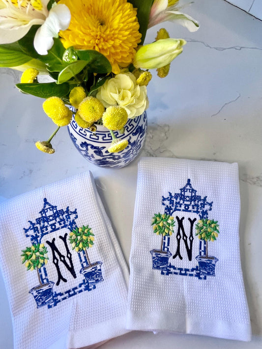 Monogrammed Kitchen Towel, Chinoiserie Kitchen Towel, Personalized Towel, Guest Bathroom, Embroidered Hand Towel, Wedding Gift, Lemon Pagoda