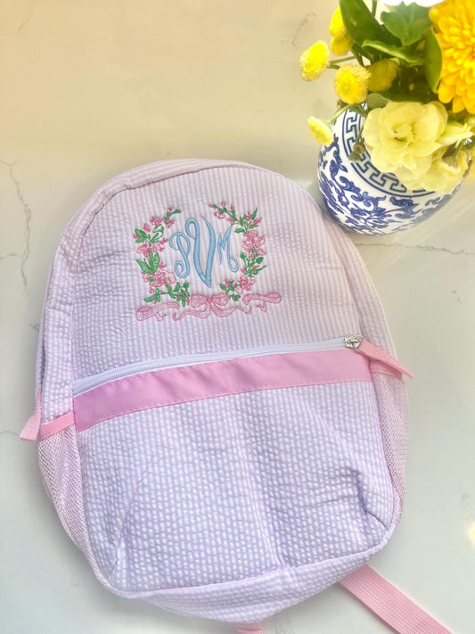 Monogrammed Seersucker Backpack, Personalized Toddler Backpack, Embroidered School Backpack, Applique Monogrammed Backpack, Toddler Backpack