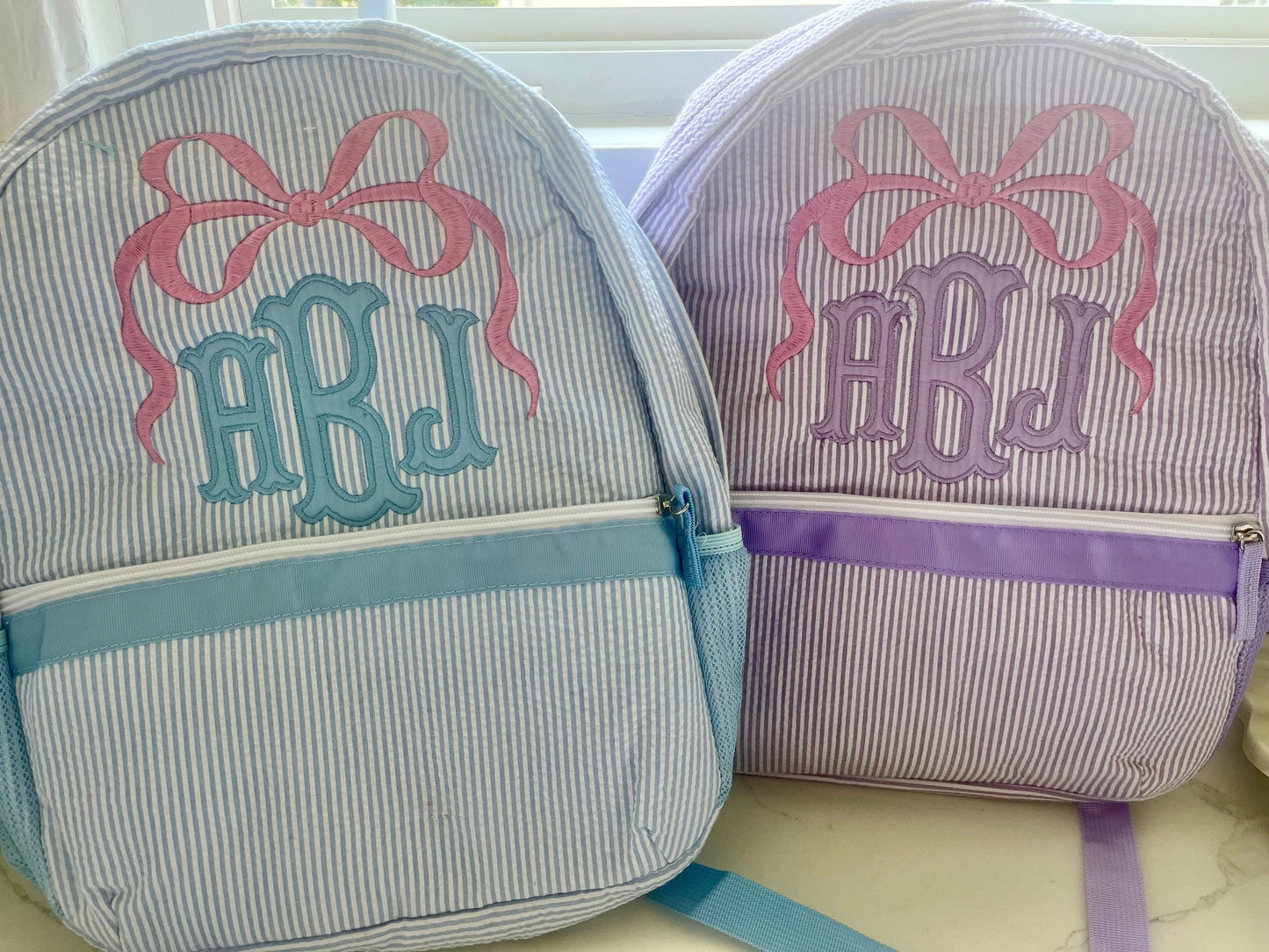 Monogrammed Seersucker Backpack, Personalized Child's Backpack, Embroidered School Backpack, Applique Monogrammed Backpack, Child Backpack