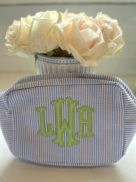 Personalized Monogrammed Seersucker Pencil Case, Shadow Monogram Pencil Box, Children's Embroidered Everything Bag, Back to School