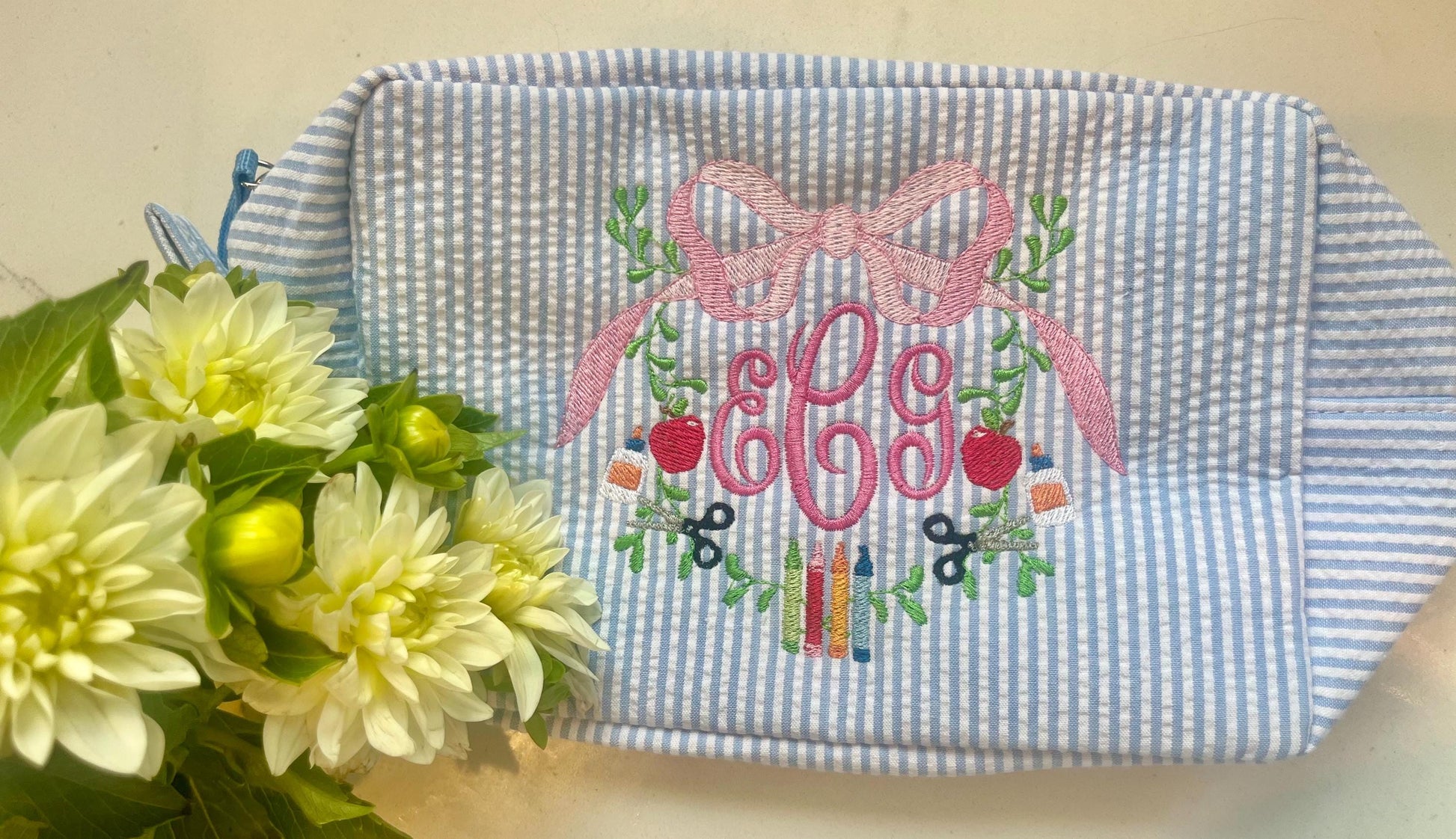 Personalized Monogrammed Seersucker Pencil Case, Shadow Monogram Pencil Box, Children's Embroidered Everything Bag, Back to School