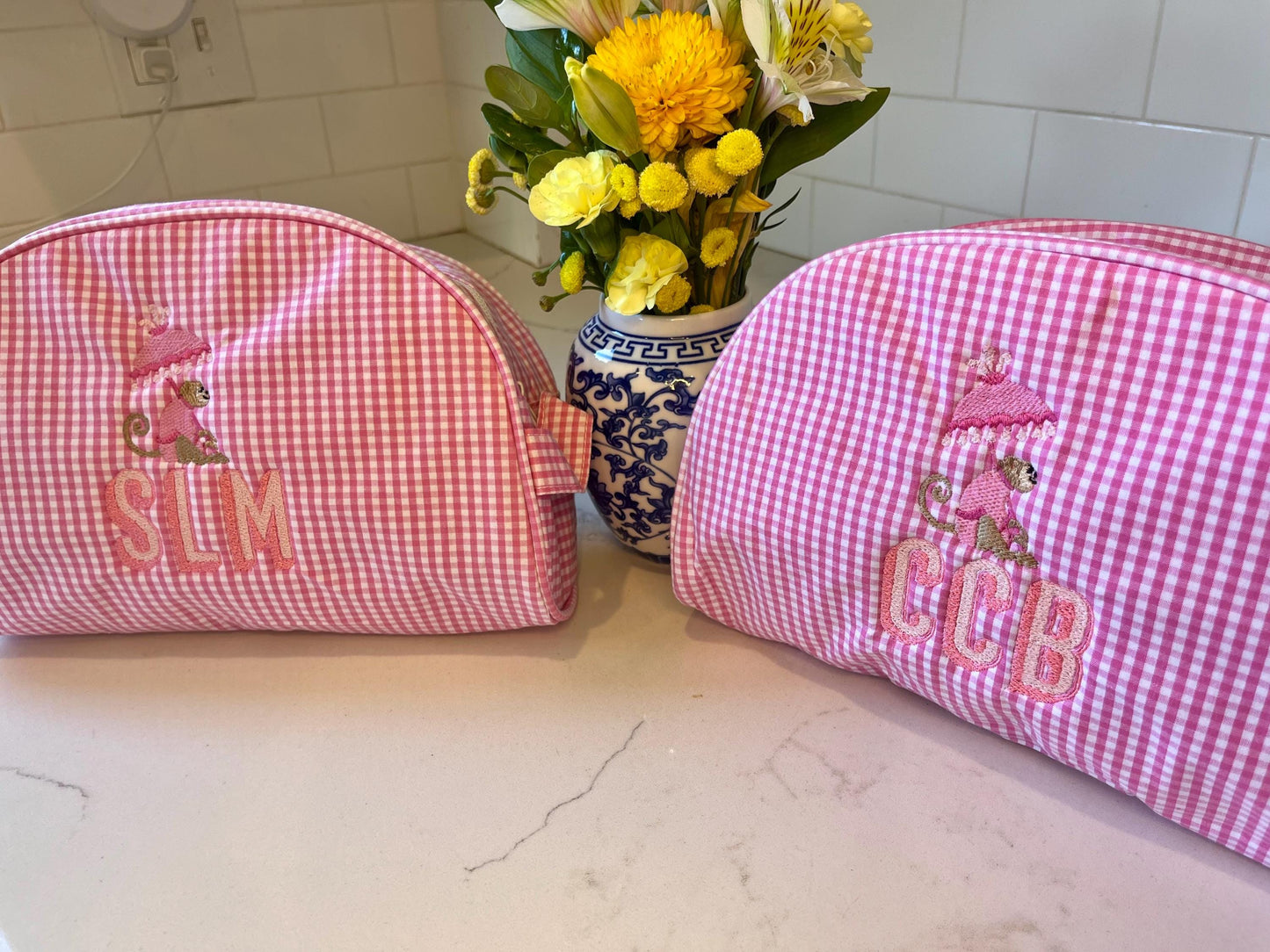 Personalized Monogrammed Gingham Makeup Bag, Monogrammed Personalized Women's Toiletry Bag, Children's Embroidered Everything Bag & Case