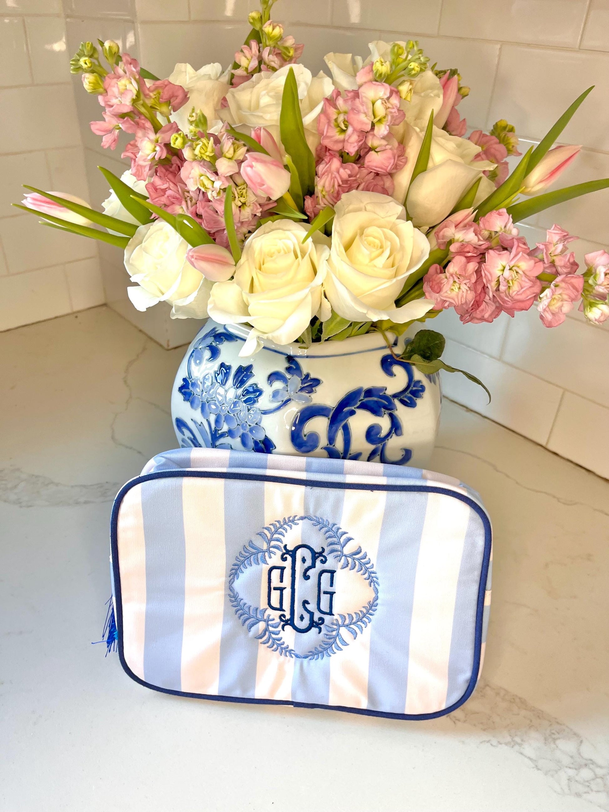 Personalized Monogrammed Makeup Bag, Monogrammed Personalized Women's Stripe Toiletry Bag, Personalized Embroidered Tassel Everything Bag