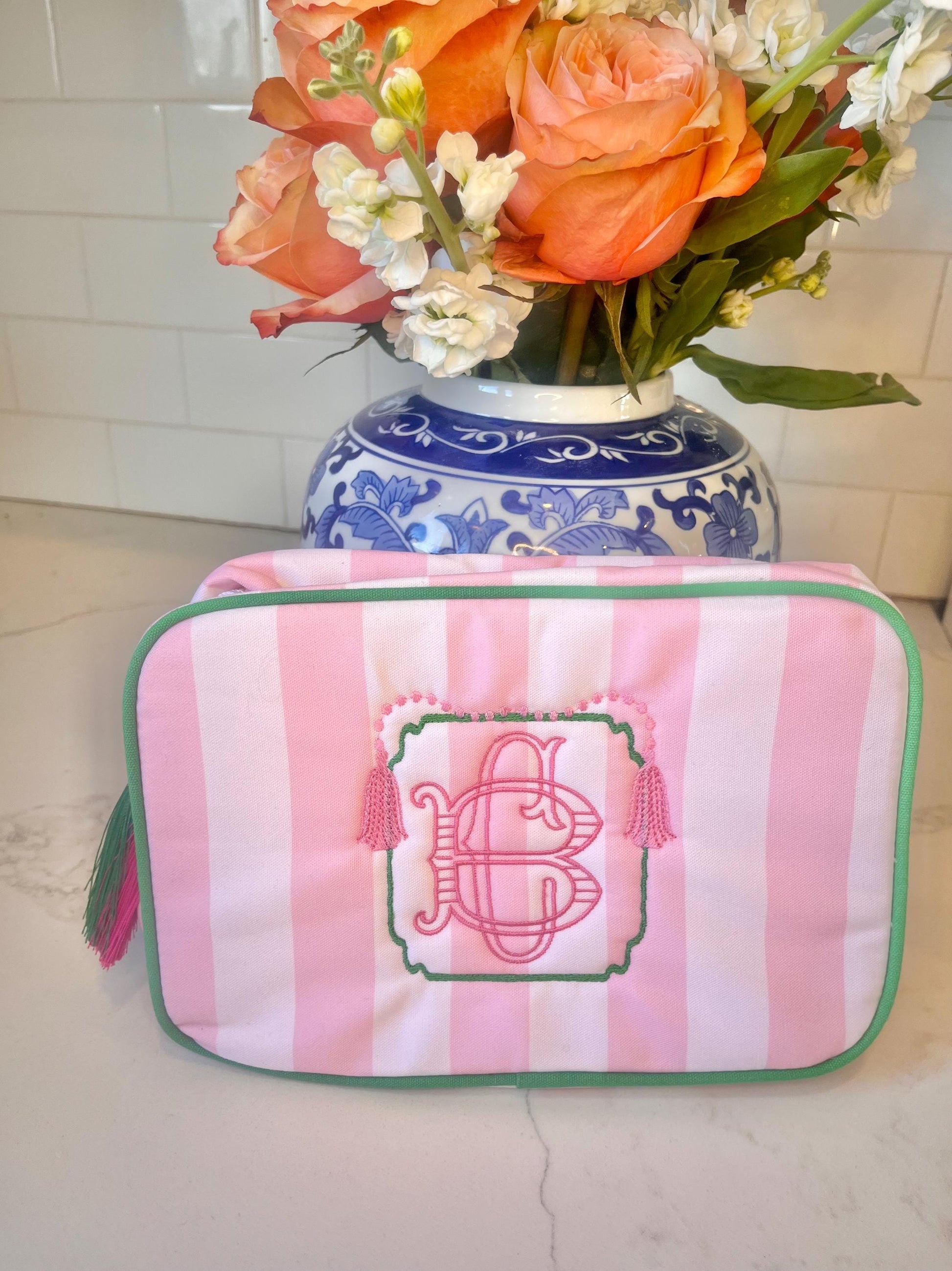 Personalized Monogrammed Makeup Bag, Monogrammed Personalized Women's Stripe Toiletry Bag, Personalized Embroidered Tassel Everything Bag