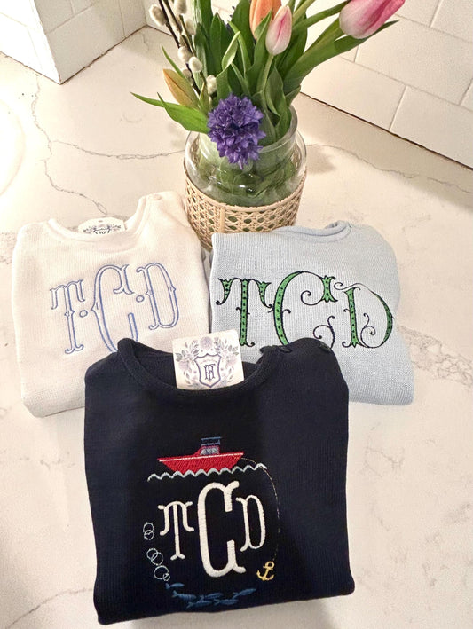 Rollneck Monogrammed Knit Sweater | Child's Personalized Sweater | Pink Floral Sweater | Classic | Preppy| Long Sleeve Embroidered Pullover