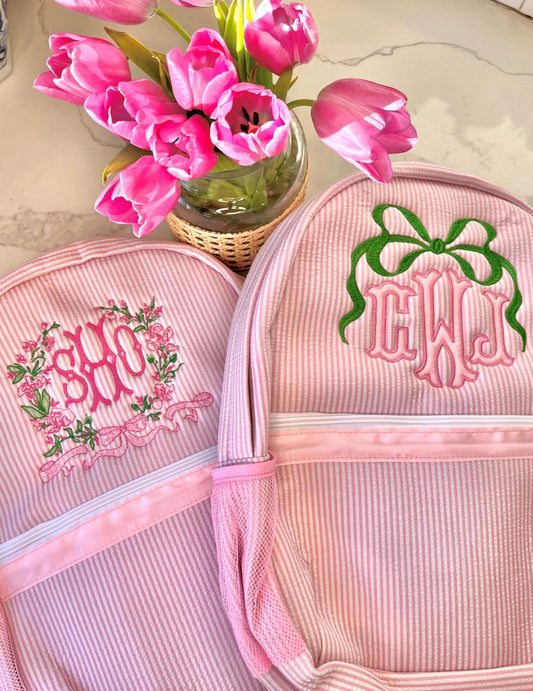 Monogrammed Seersucker Backpack, Personalized Child's Backpack, Embroidered School Backpack, Applique Monogrammed Backpack, Child Backpack