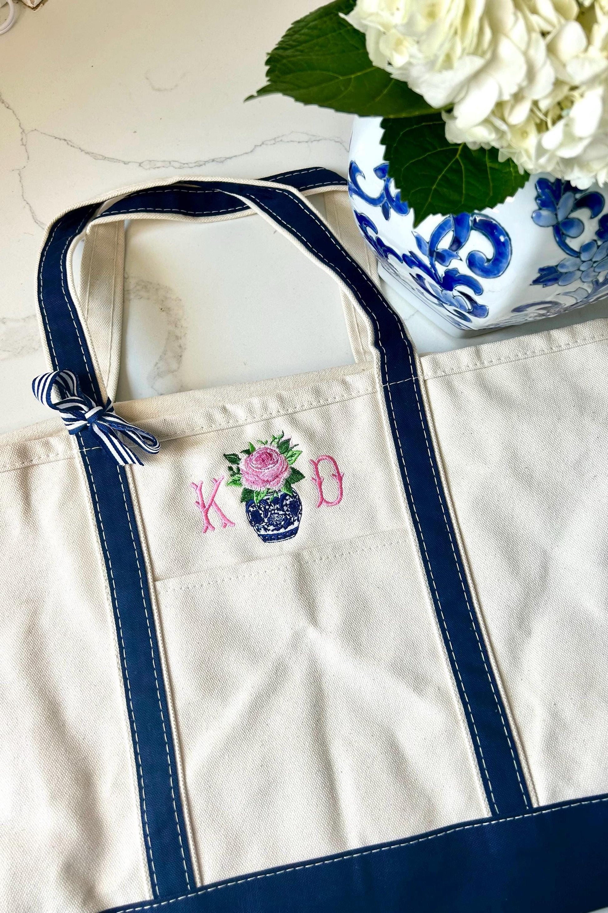 Monogrammed Ginger Jar Bag, Personalized Canvas Boat Tote Bag, Chinoiserie Bag, Personalized Diaper Bag, Pet Bag, Monogram Large Tote Bag