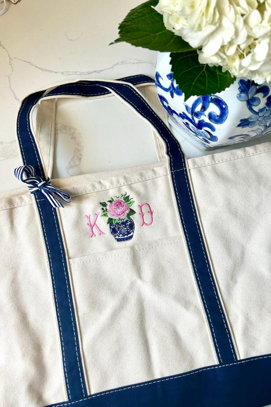 Monogrammed Ginger Jar Bag, Personalized Canvas Boat Tote Bag, Chinoiserie Bag, Personalized Diaper Bag, Pet Bag, Monogram Large Tote Bag