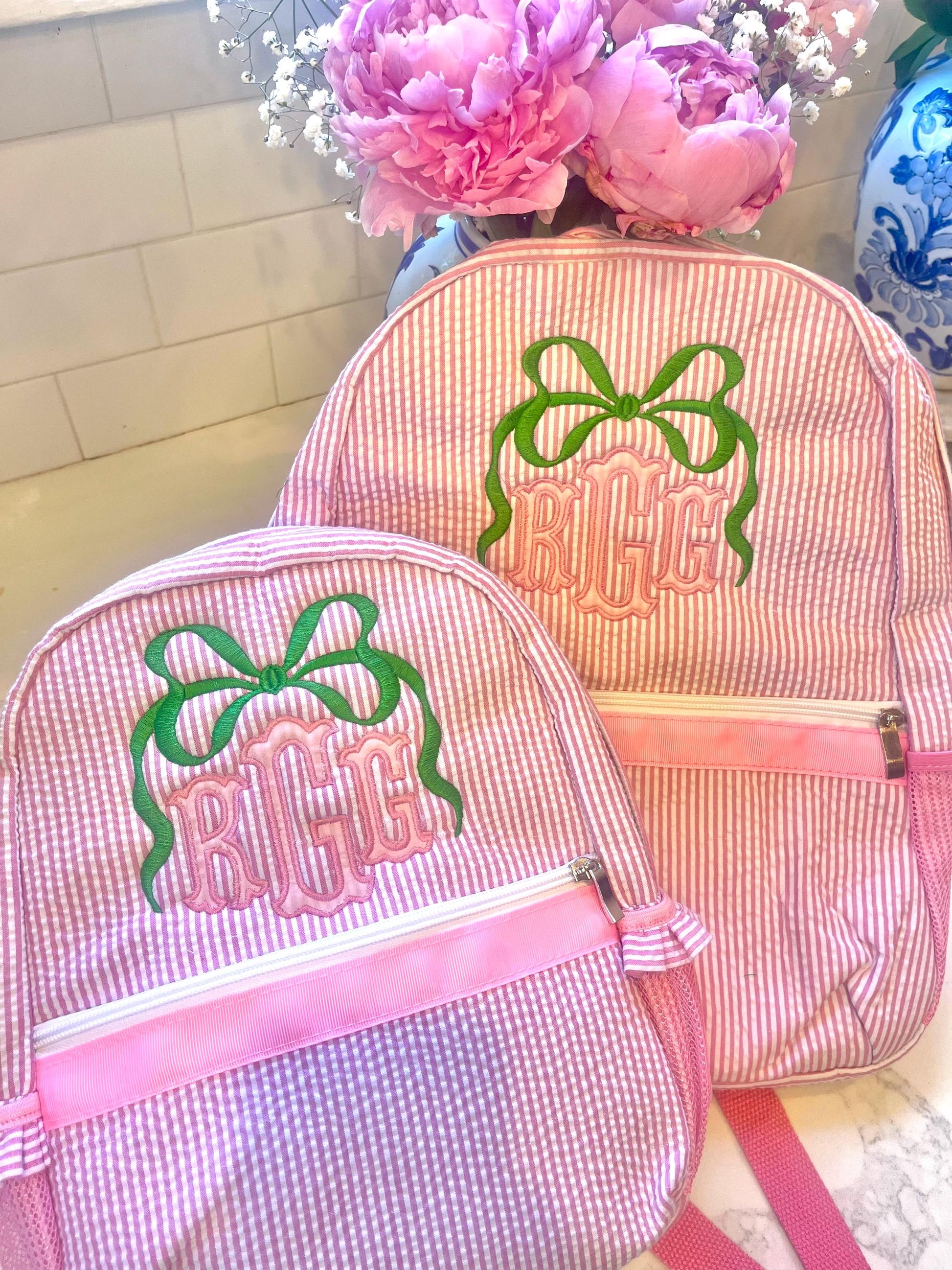 Monogrammed Seersucker Backpack, Personalized Child's Backpack, Embroidered School Backpack, Applique Monogrammed Backpack, Child Backpack