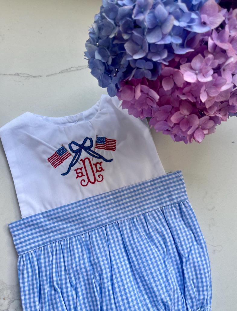 Monogrammed Gingham Bubble, Personalized Boy Outfit, Monogrammed Patriotic Bubble, Personalized Boy Bubble, Memorial Day Outfit, Flag Outfit