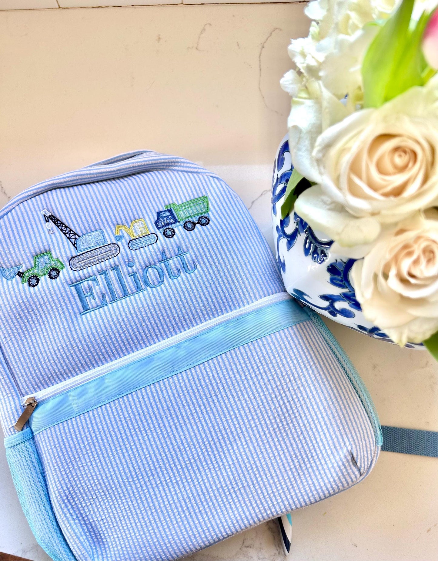 Monogrammed Seersucker Backpack, Personalized Child's Backpack, Embroidered School Backpack, Boy’s Monogrammed Backpack, Child Backpack