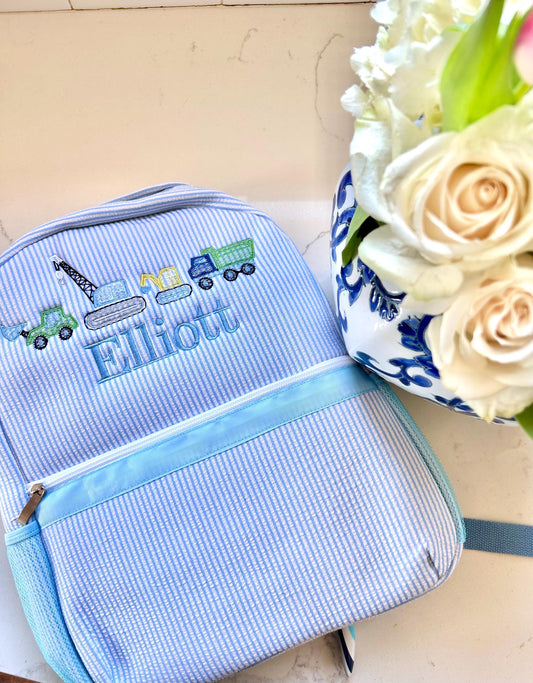 Monogrammed Seersucker Backpack, Personalized Child's Backpack, Embroidered School Backpack, Boy’s Monogrammed Backpack, Child Backpack