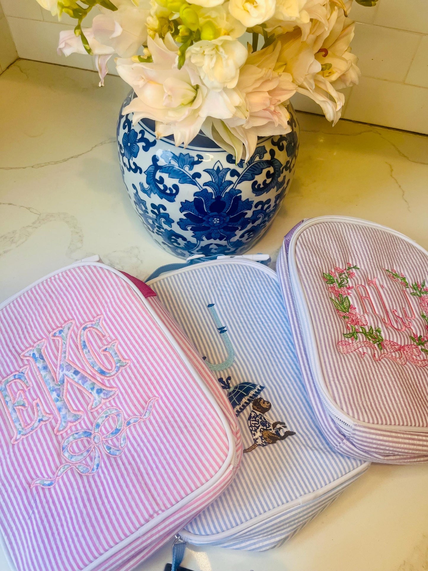 Monogrammed Seersucker Lunch Box, Personalized Child's Lunch Box, Embroidered School Lunch Box, Applique Insulated Lunch Bag, Seersucker Bag