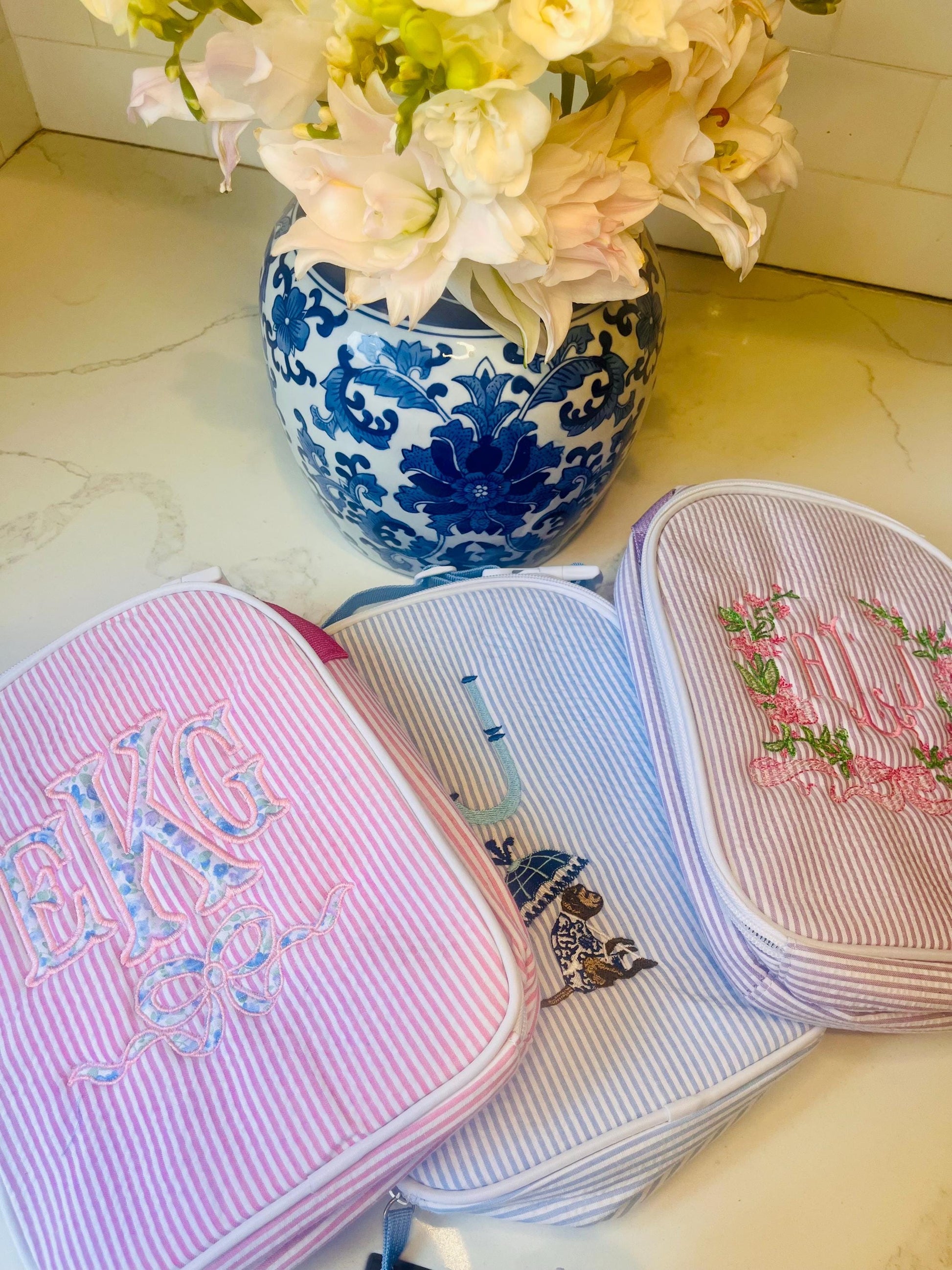 Monogrammed Seersucker Lunch Box, Personalized Child's Lunch Box, Embroidered School Lunch Box, Applique Insulated Lunch Bag, Seersucker Bag