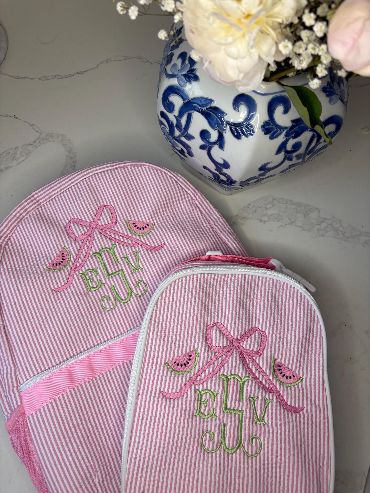 Monogrammed Seersucker Lunch Box, Personalized Child's Lunch Box, Embroidered School Lunch Box, Applique Insulated Lunch Bag, Seersucker Bag
