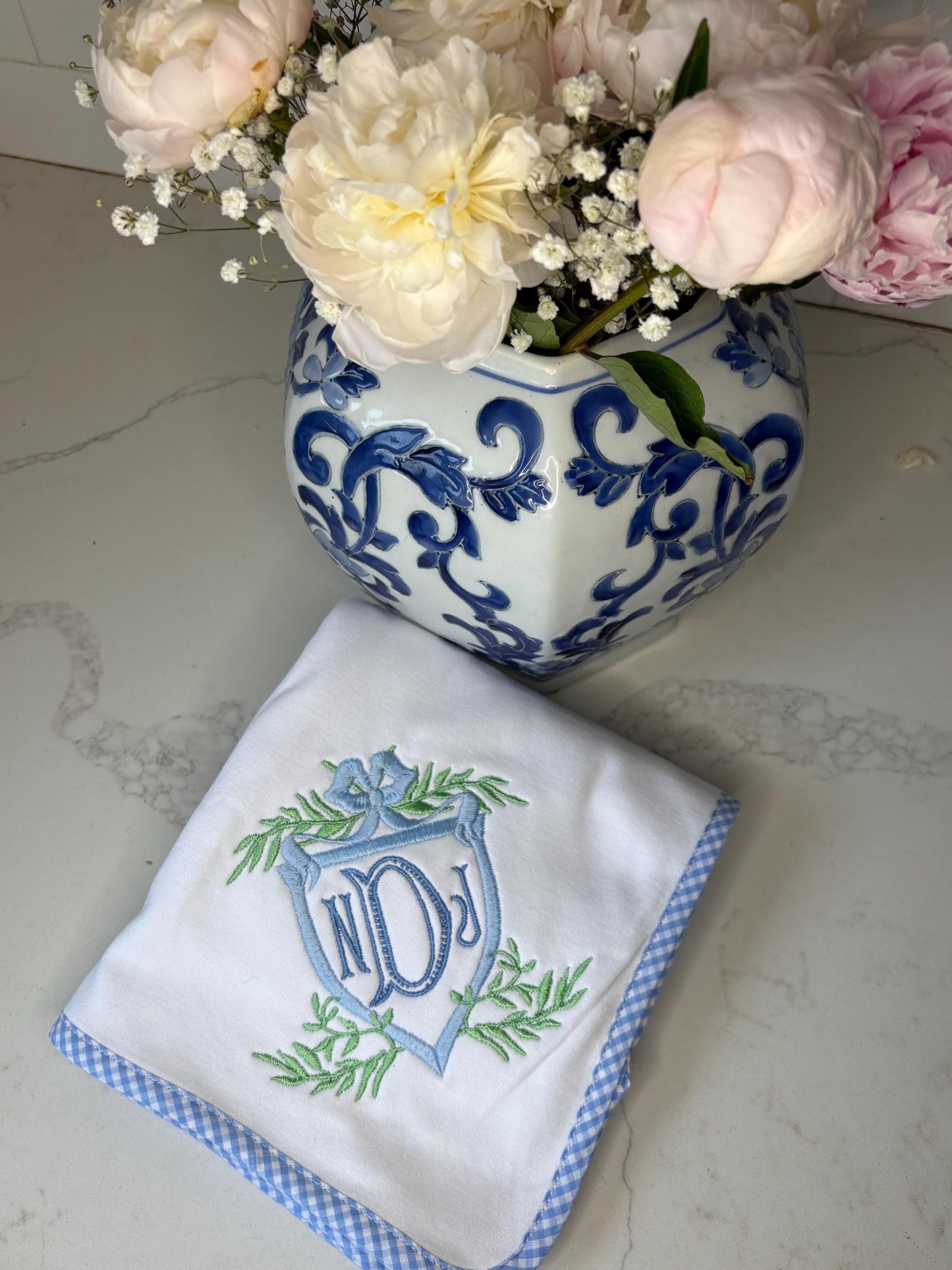 Personalized Blue Gingham Baby Blanket, Monogrammed Gingham Stroller Blanket, Embroidered Infant Blanket, Welcome Gift, Baby Shower Present