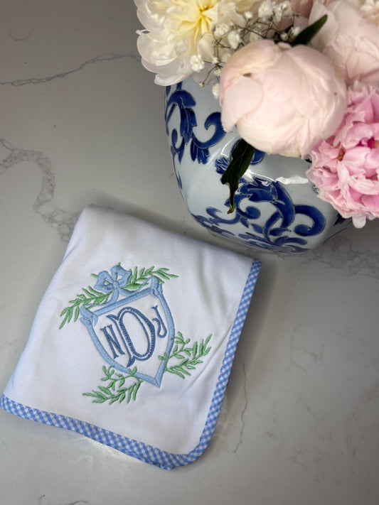 Personalized Blue Gingham Baby Blanket, Monogrammed Gingham Stroller Blanket, Embroidered Infant Blanket, Welcome Gift, Baby Shower Present