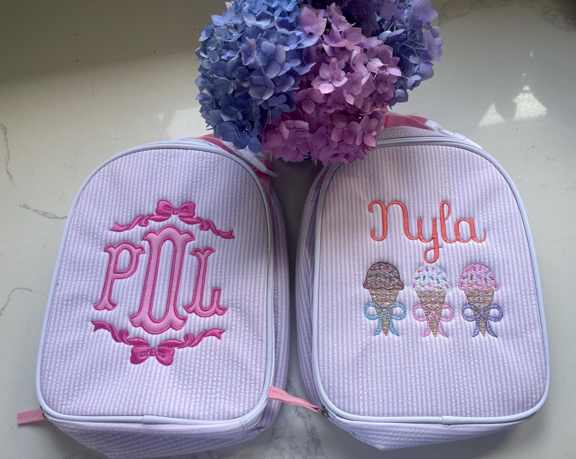 Monogrammed Seersucker Lunch Box: Personalized Embroidered Insulated Bag