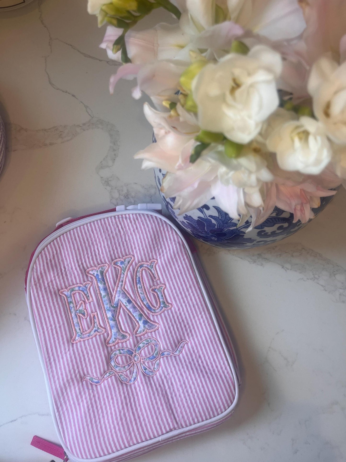 Monogrammed Seersucker Lunch Box: Personalized Embroidered Insulated Bag