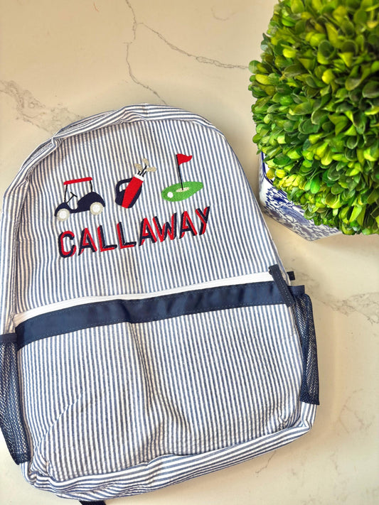 Monogrammed Seersucker Backpack, Personalized Child's Backpack, Embroidered School Backpack, Golf Monogrammed Backpack, Child Backpack