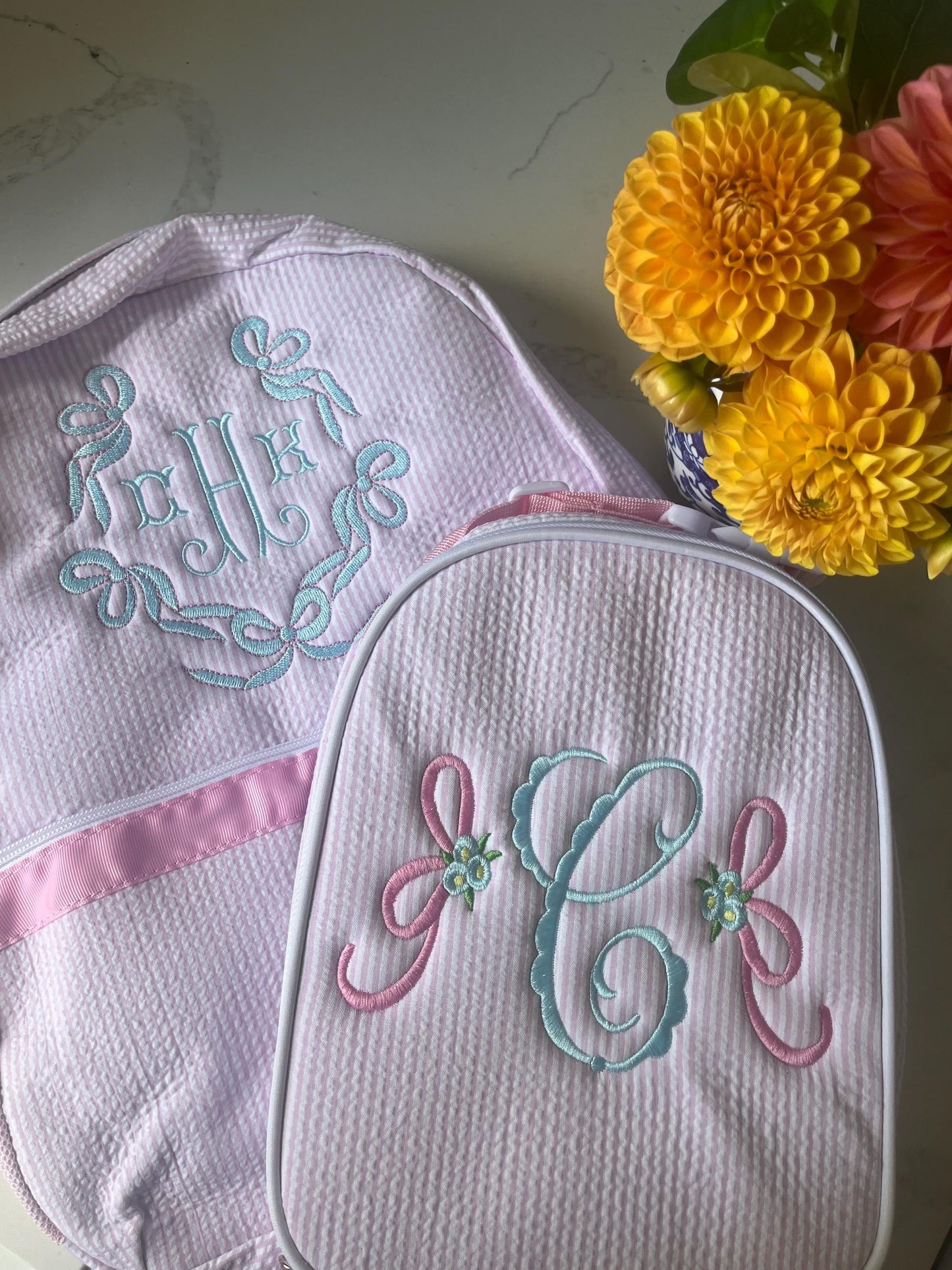 Monogrammed Seersucker Lunch Box: Personalized Embroidered Insulated Bag