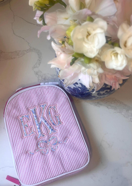Monogrammed Seersucker Lunch Box, Personalized Child's Lunch Box, Embroidered School Lunch Box, Applique Insulated Lunch Bag, Seersucker Bag