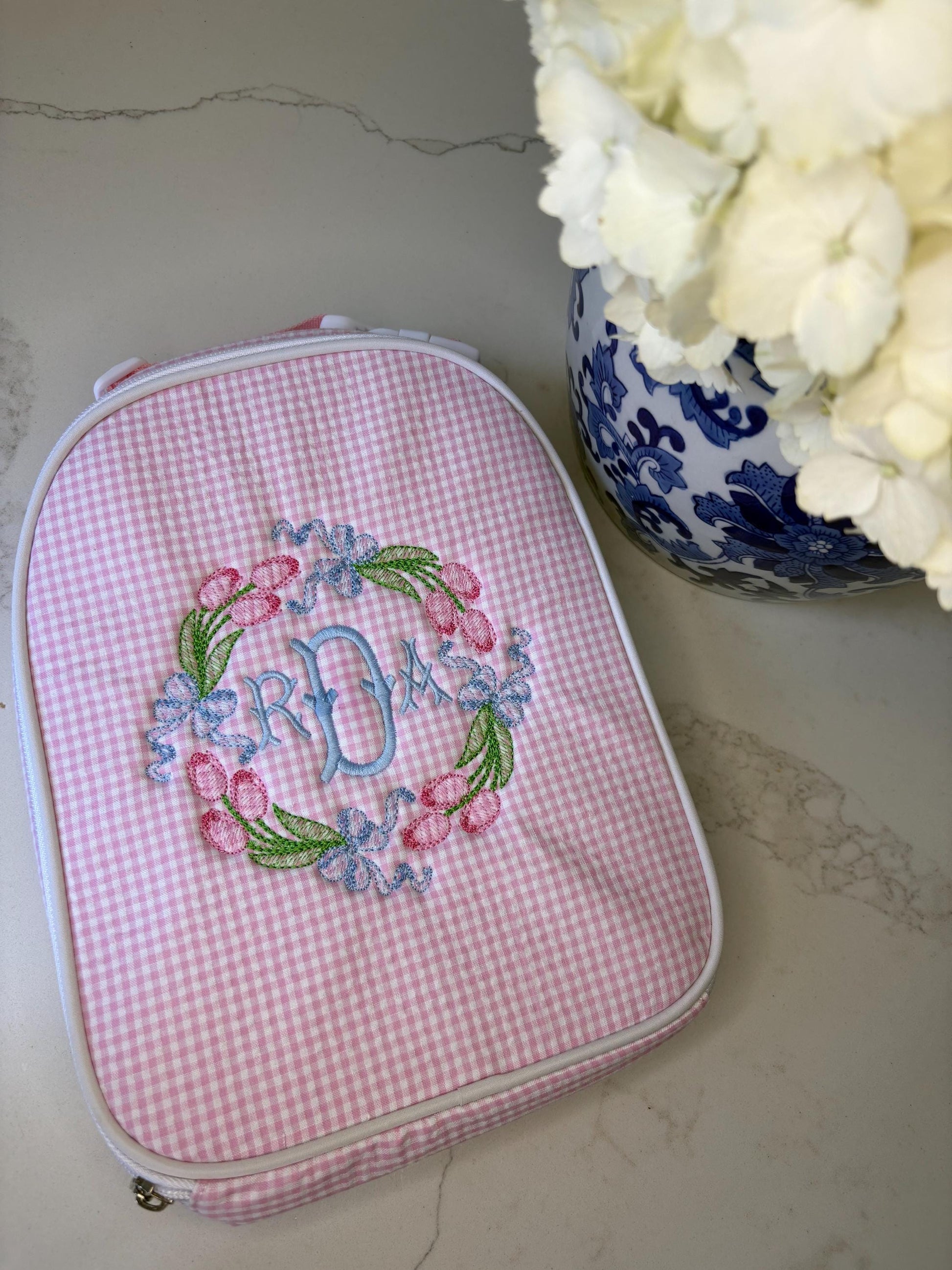 Monogrammed Seersucker Lunch Box: Personalized Embroidered Insulated Bag