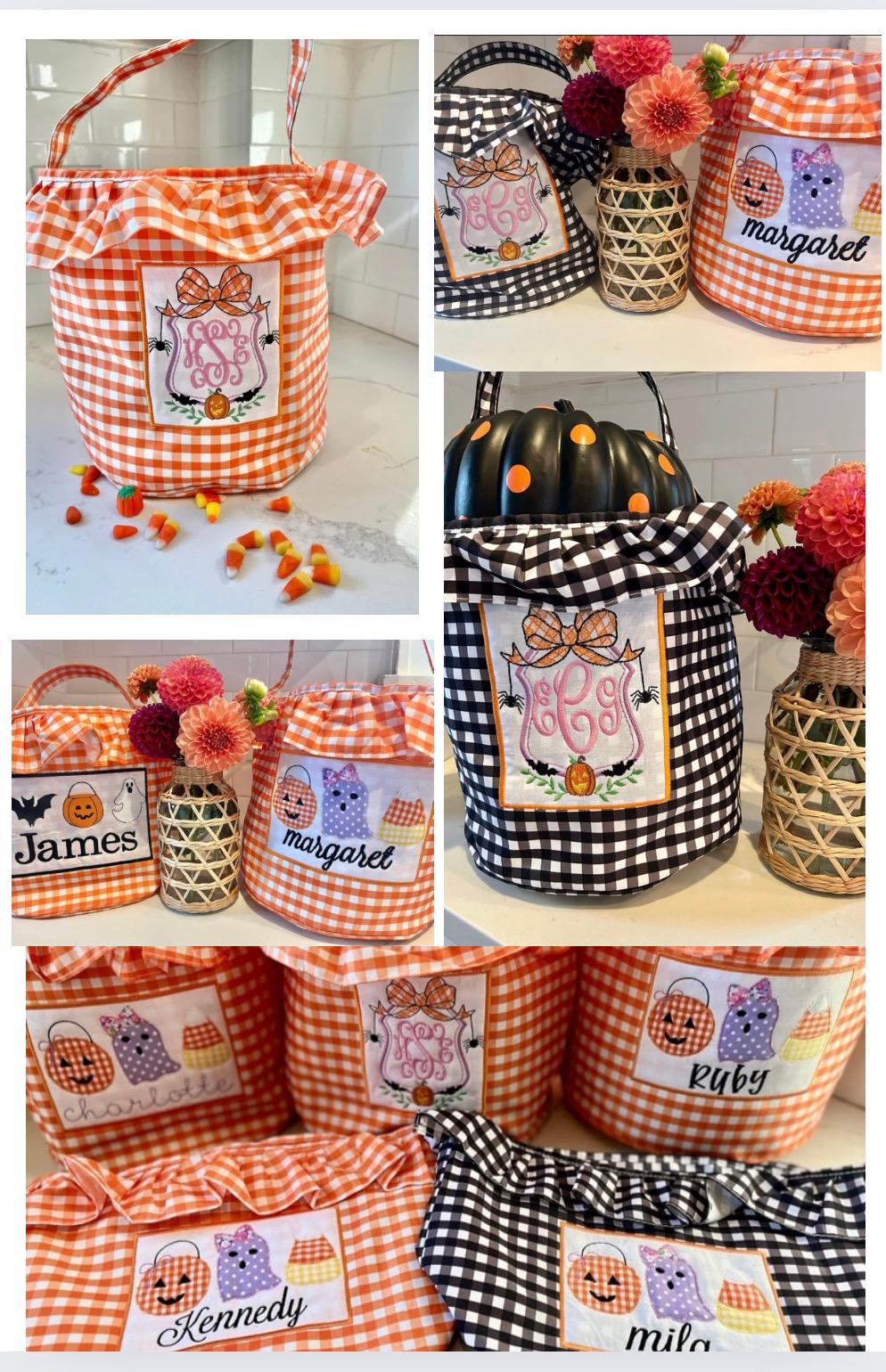 Personalized Halloween Bucket, Monogrammed Ruffle Halloween Bucket, Embroidered Ruffle Halloween Bucket, Personalized Trick or Treat Bucket